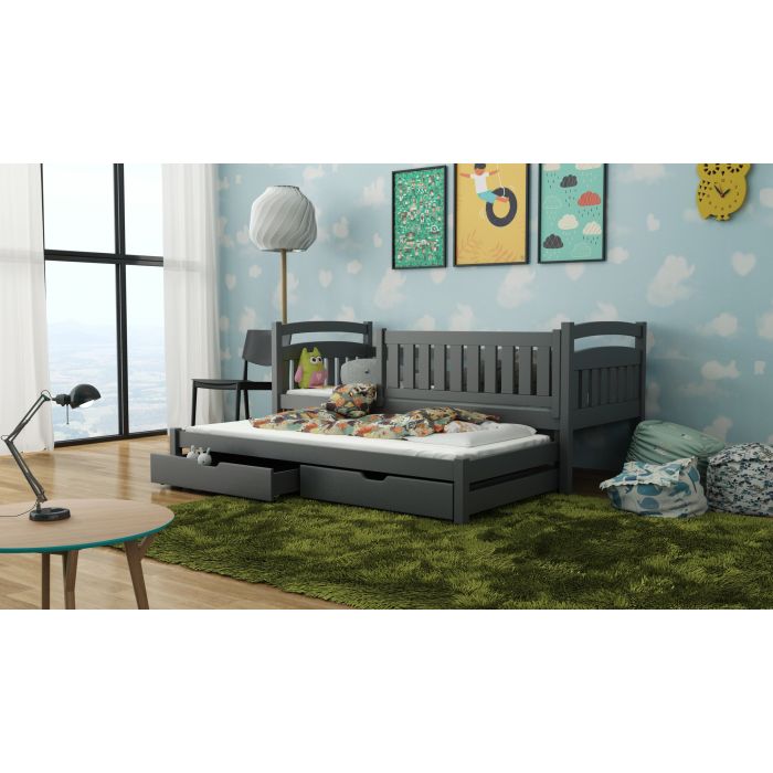 UNIVERSE Wooden 2 Drawers Storage Bed with Trundle and Foam Mattress - Graphite