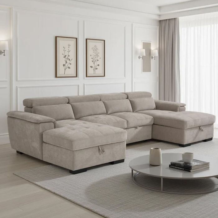 GRACELLO Fabric 6 Seater U Shaped Corner Sofabed - Beige