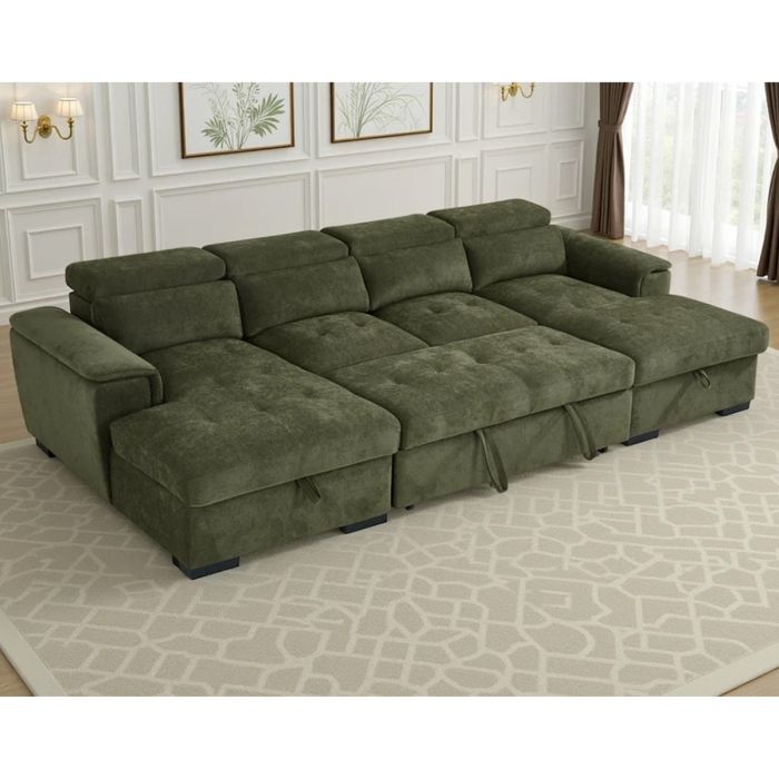GRACELLO Fabric 6 Seater U Shaped Corner Sofabed - Green