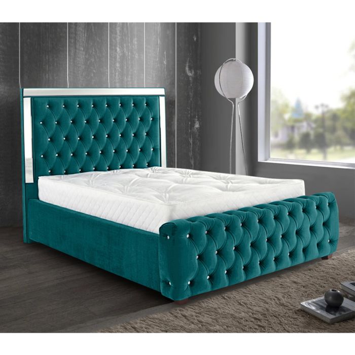 Elegance Plush Velvet Mirrored Bed - Green in 5 Sizes