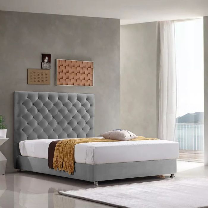 Marina Plush Velvet Bed - Grey in 5 Sizes
