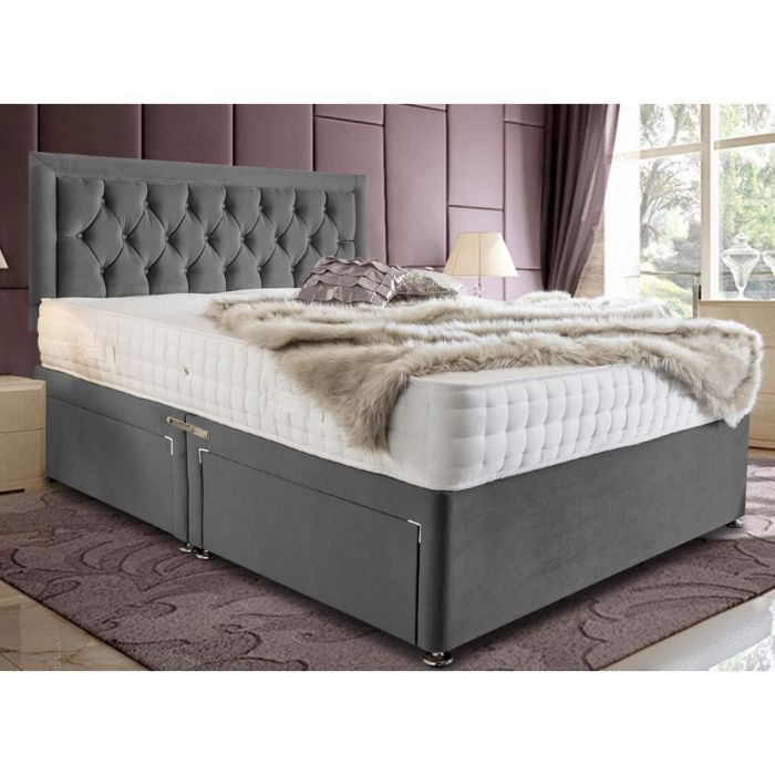 Leeso Divan Plush Velvet Bed - Grey in 5 Sizes