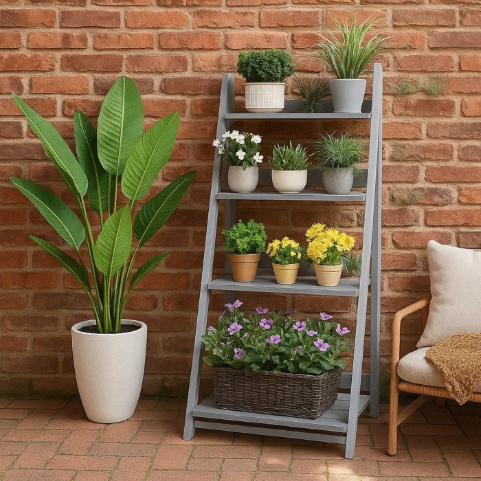 WESTORA Plant Stand 4-Tier Foldable Wooden Ladder Shelf Display Rack - Grey