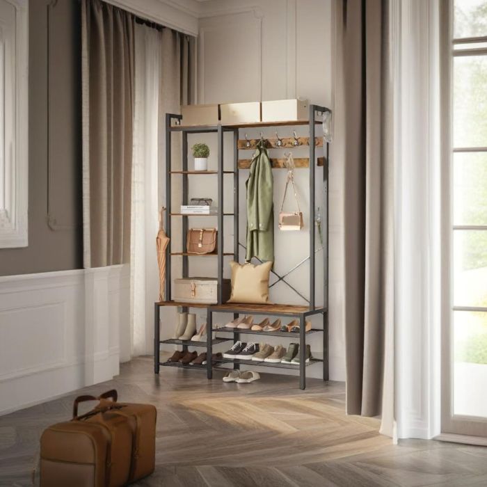 ZEPHRON Hall Tree Coat Rack with Bench, Shoe Rack and 9 Hooks - Vintage Brown