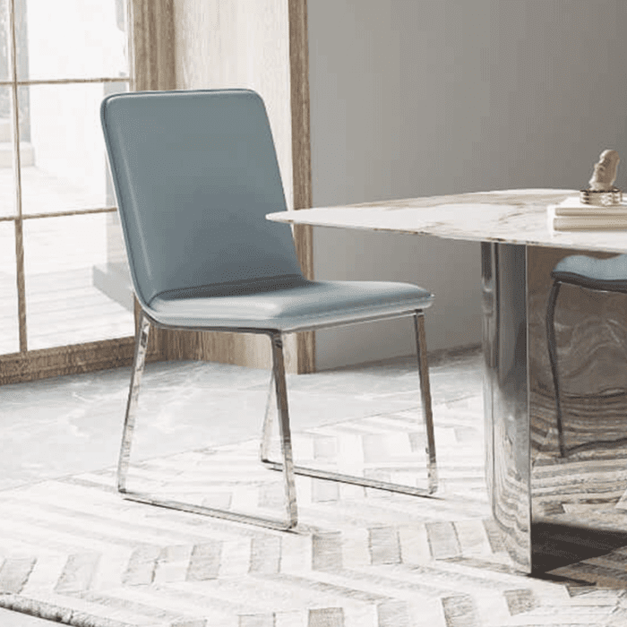 Beverly Stylish Light Blue Leather Effect Dining Chairs in Modern Comfort with Stainless Steel Legs Set of 2