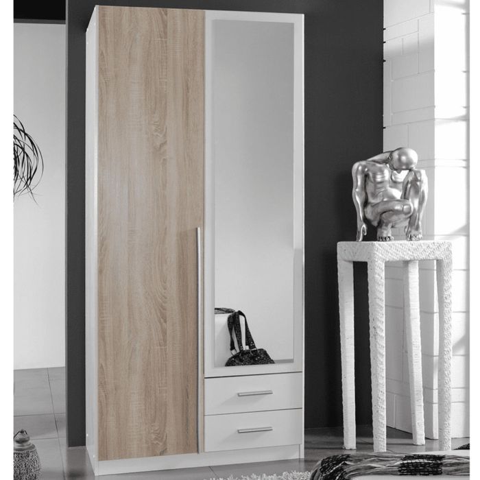 Wardrobe - MANDY 2 Door Mirrored Wardrobe with 2 Drawers White 90cm
