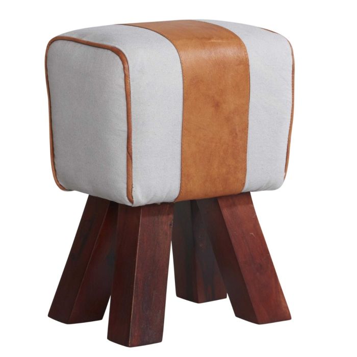 Solid Wooden Legs Stool with Canvas and Leather Seat - Multicoloured