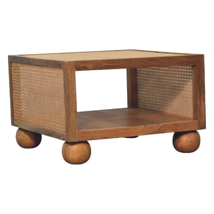GENOVA Solid Mango Wood Coffee Table with Rattan - Oak Finish