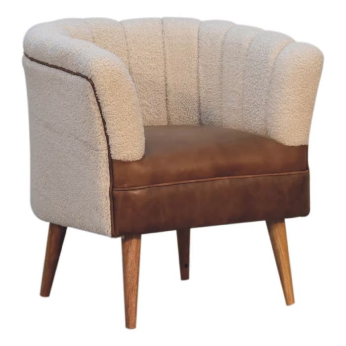 Solid Mango Wood Armchair with Boucle Fabric and Buffalo Hide Leather Seat and Round Feet