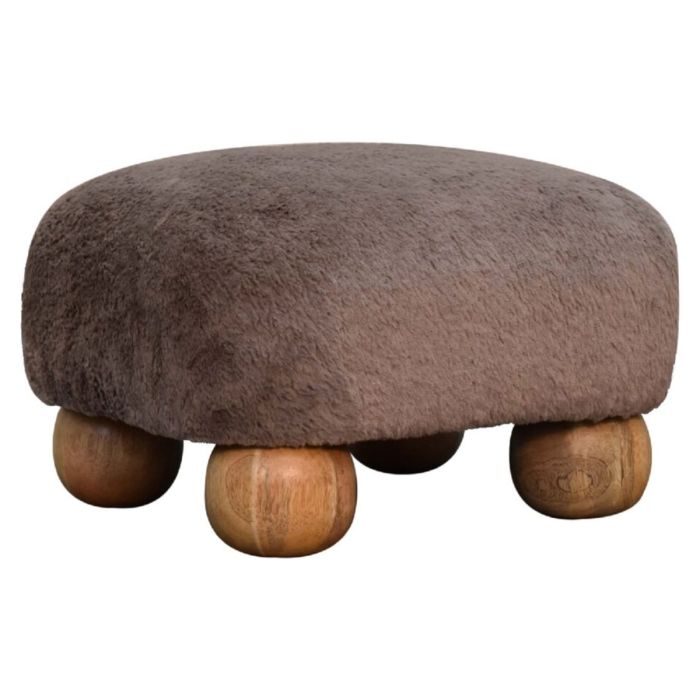 Mocha Faux Fur Upholstered Footstool with Oak-ish Mango Wood Bun Feet