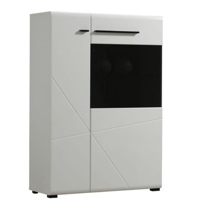 Kaspars 2 Doors Short Display Cabinet with 6 Shelves - White High Gloss Fronts Matt White Sides And Top