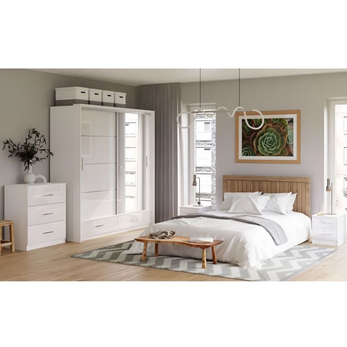 Wardrobe Set - WARRINGTON 2 Door Bedroom Set 4 Piece White 208cm