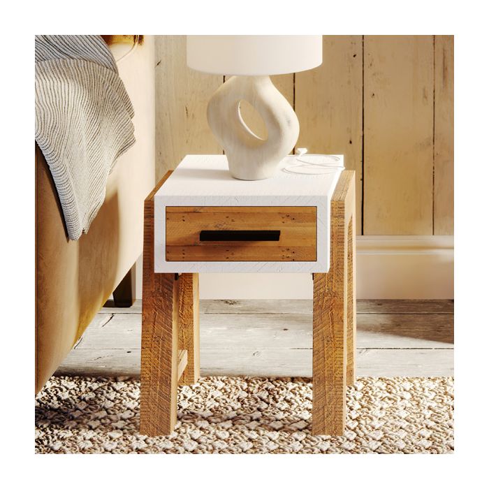 Becky Scandic Theme Reclaimed Wood Open Side Table With Single Drawer