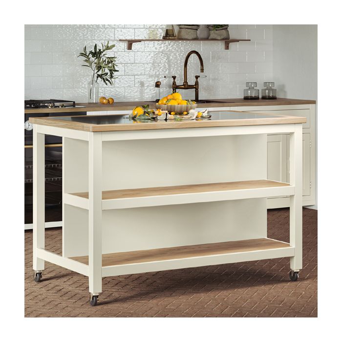 Briley Oak Inlaid Black Granite Top Kitchen Island with Open Breakfast Bar - Cream
