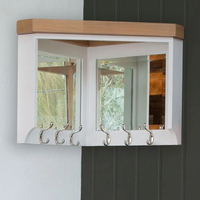 Mirrored Corner Hall Bench Top with Chrome Hooks and Oak Top - White