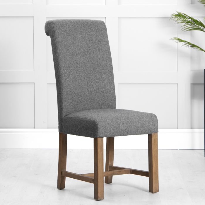 Scroll Back Wool Fabric Dining Chair with Oak Legs - Grey