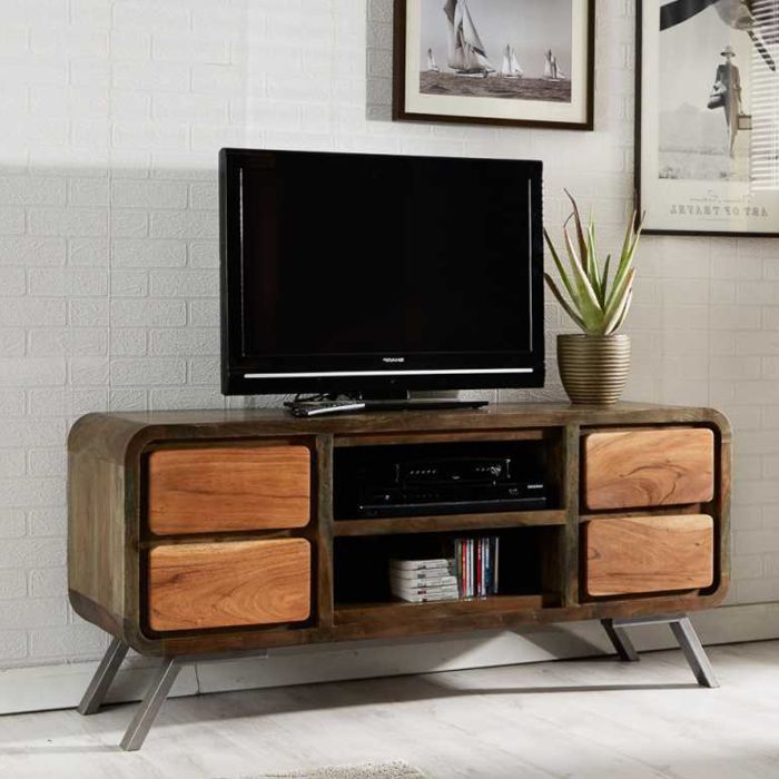 Fiona Metal Legs Unique Retro Style Wooden Plasma Media Unit with Drawers and Open Shelves