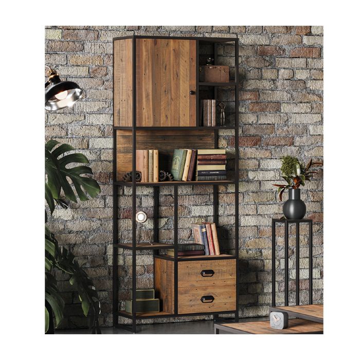 Hayley Metal Frame Reclaimed Wood Large Bookcase with Drawer Shelf and Door
