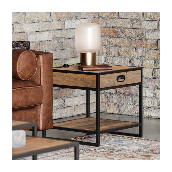 Hayley Reclaimed Wood Side Table with Drawer and Shelf