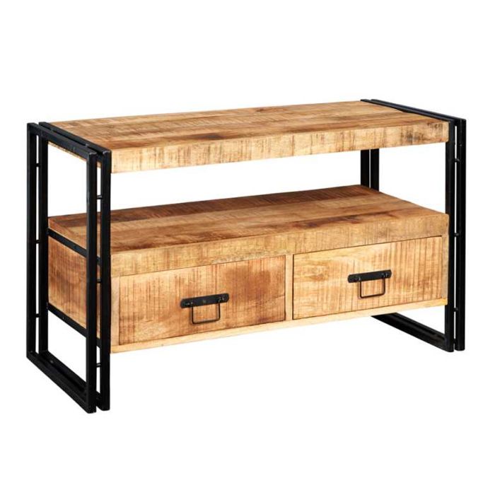 Michelle Industrial Style Industrial TV Stand with Two Drawers Natural Hardwood