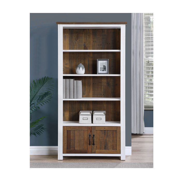 Splatter Reclaimed Wood Large Open Bookcase with 2 Door and 4 Shelves - White