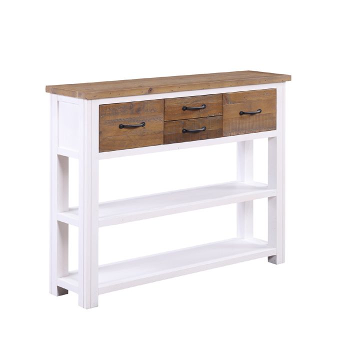 Splatter Reclaimed Wood Low Height Console Table with 4 Drawer and 2 Open Shelves - White