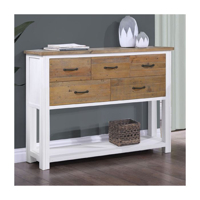 Splatter Reclaimed Wood Sideboard with 5 Drawer and Open Shelves - White