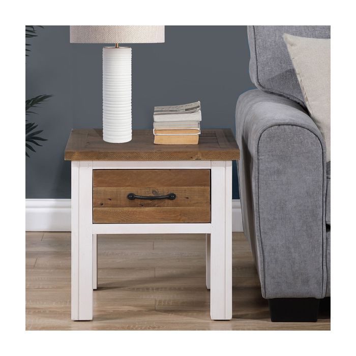 Splatter Reclaimed Wood Lamp Table with Drawer - White