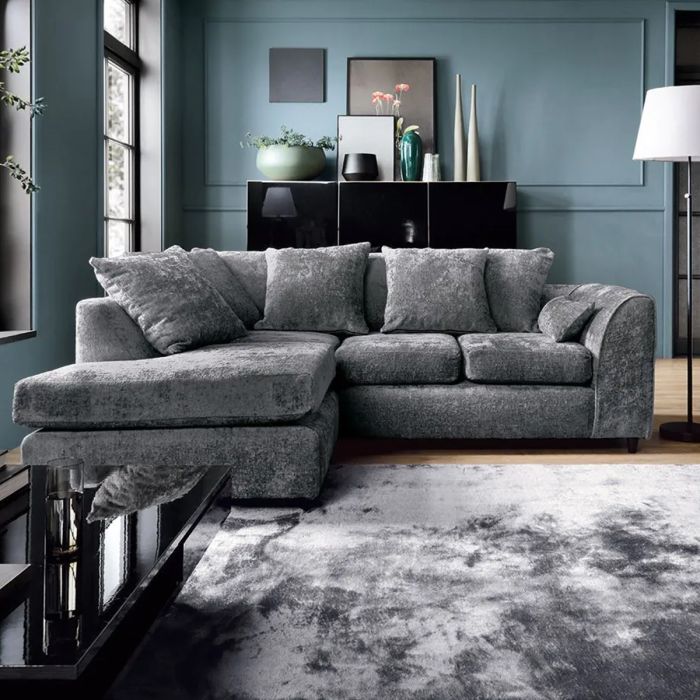 Corner Sofa - HENRY Crushed Chenille Fabric 4 Seater L-Shaped Sofa Left Hand Facing - Dark Grey