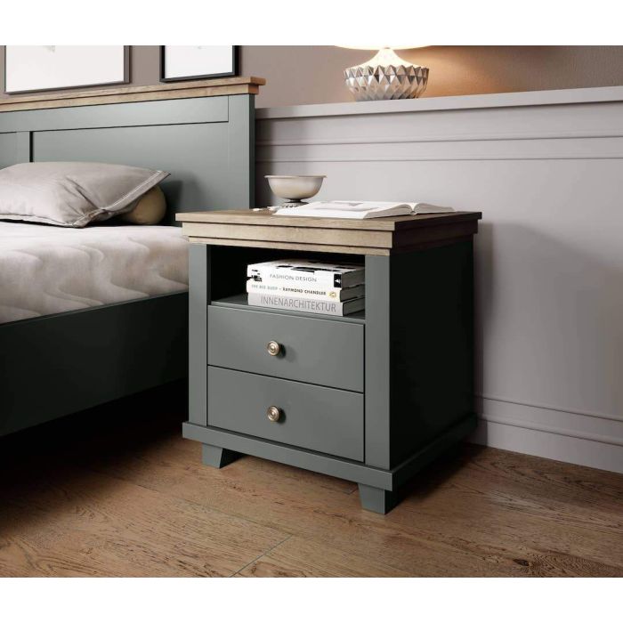 Portugal 2 Drawers Bedside Table with Open Shelf - Green with Oak Lefkas