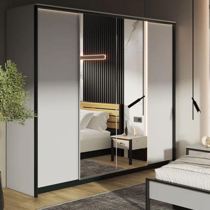 Wardrobe - GUARDA 4 Door Mirrored Wardrobe Grey 250cm