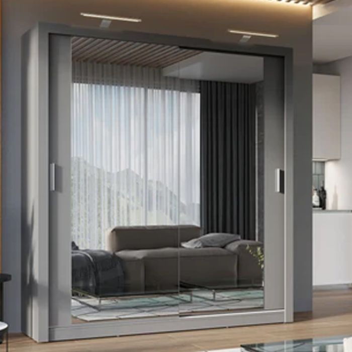 Sliding Wardrobe - INNISFAIL 2 Door Mirrored Wardrobe Grey 200cm