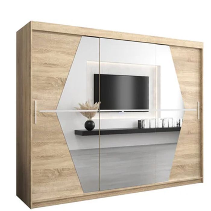 Sliding Wardrobe - SPURDLE 3 Door Mirrored Wardrobe Oak Sonoma 250cm