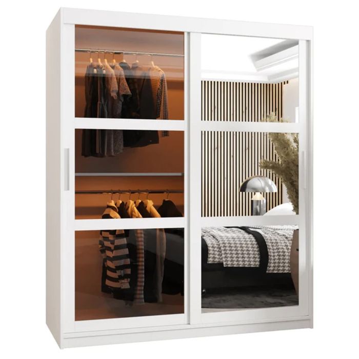 Sliding Wardrobe - SMOKY 2 Door Mirrored Wardrobe White 150cm