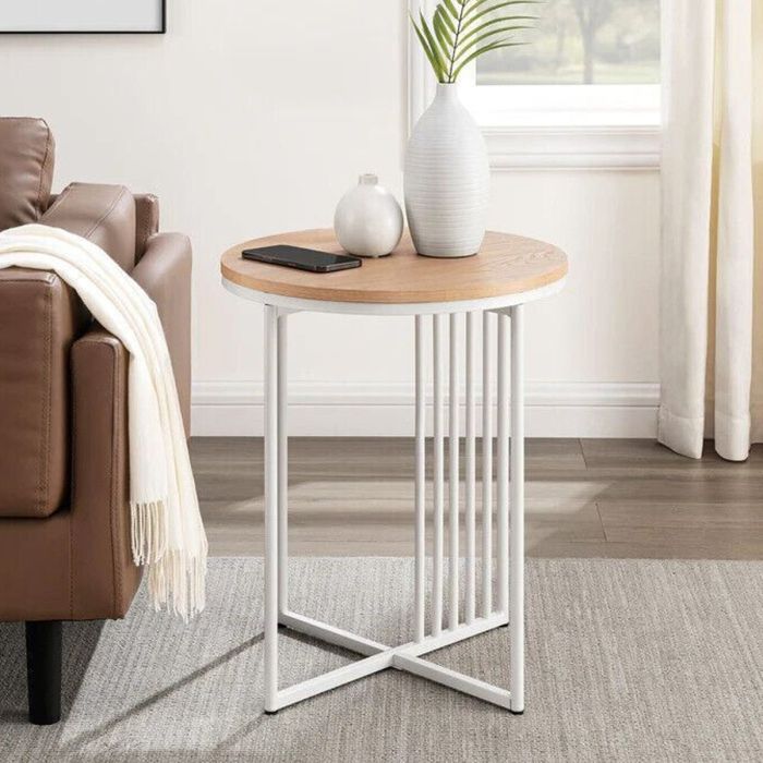 Metal Slatted Round Shape Wood Top Side End Table 2 x 45cm