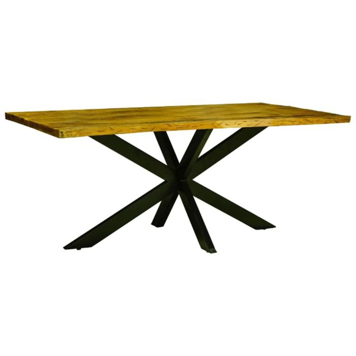 Solid Black Metal Legs Durable Solid Mango Wood Dining Table 180cm- Brown Top