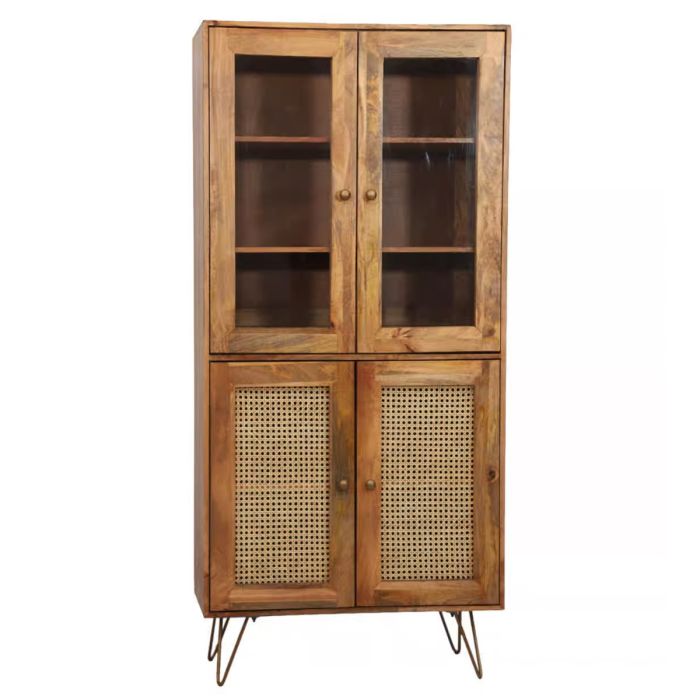 Rattan Design Mango Wood Cabinet With 4 Doors - Brown