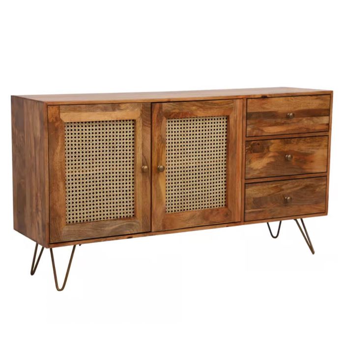Lattice Design Mango Wood Large Sideboard 145cm with 2 Doors and 3 Drawers - Brown