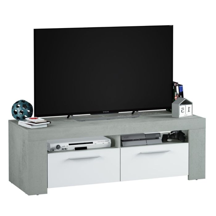 Kenneth Sleek Design TV Cabinet Entertainment Unit - White Soft Gloss and Concrete Grey