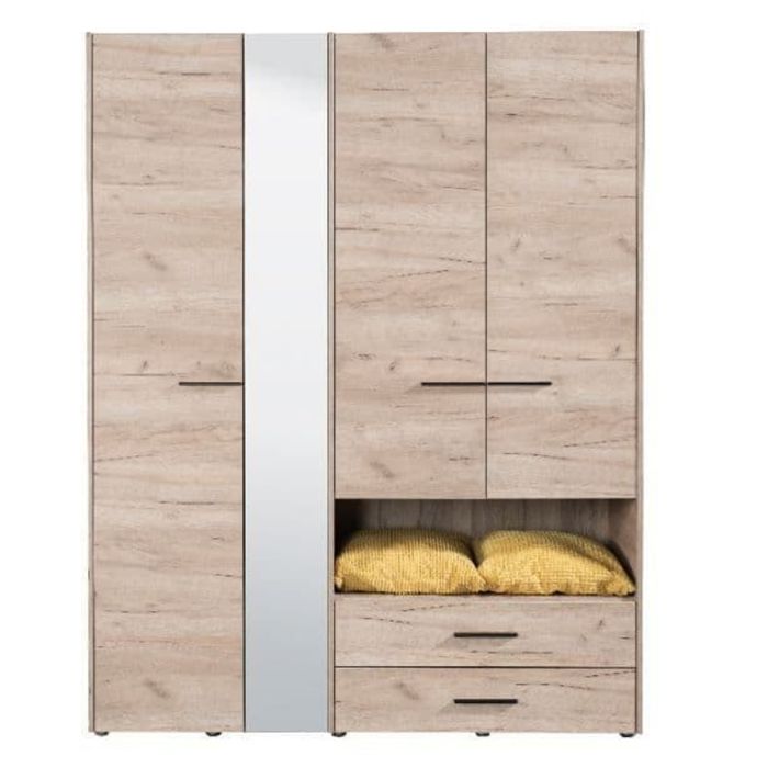 Wardrobe - HIGHAM 4 Door Mirrored Wardrobe Grey Oak 161cm