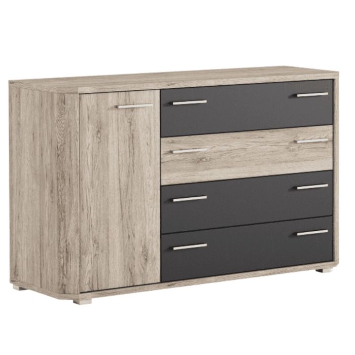 Oak Finish Chest of Drawers - GLASS Low Chest 4 Drawers