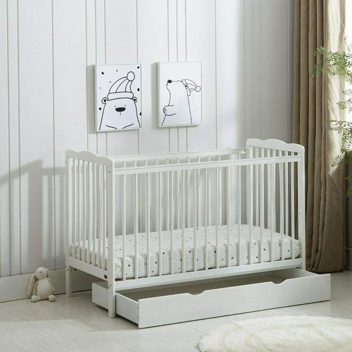 Classic Solid Pine Wood Baby Cot Crib With Water Repellent Mattress and Wheeled Drawer - White