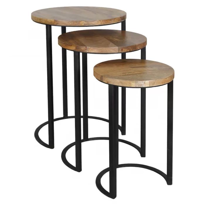 Tracey Industrial Iron Round Nesting Tables - Light Wood Tone