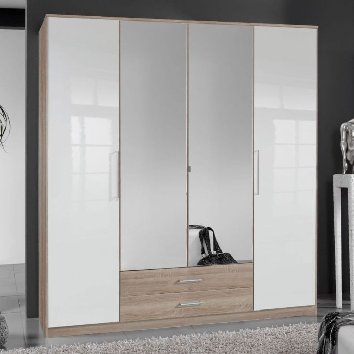 Wardrobe - DANIEL 4 Door Wardrobe White Gloss And Oak Effect 180cm