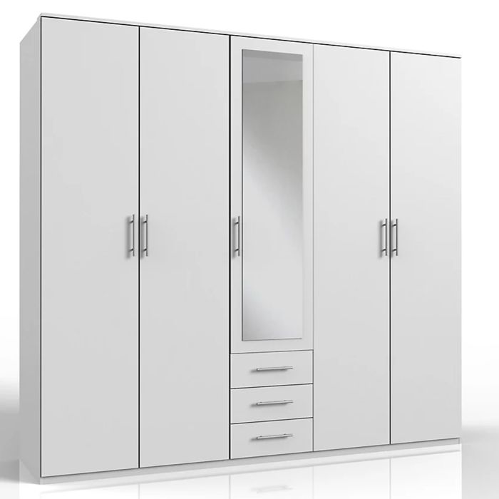 Banha 5 Door 3 Drawer Mirrored Wardrobe - White