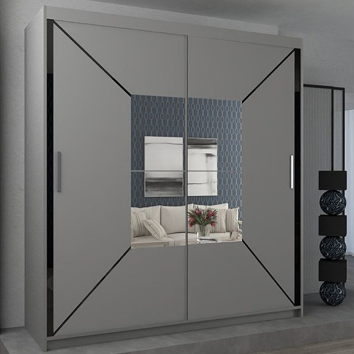Sliding Wardrobe - BARTHOLOMEW 2 Door Mirrored Wardrobe 150cm - Grey