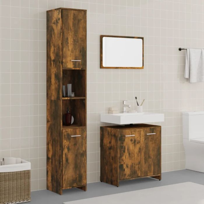 3 Pcs Bathroom Furniture Set Smoked Oak Engineered Wood