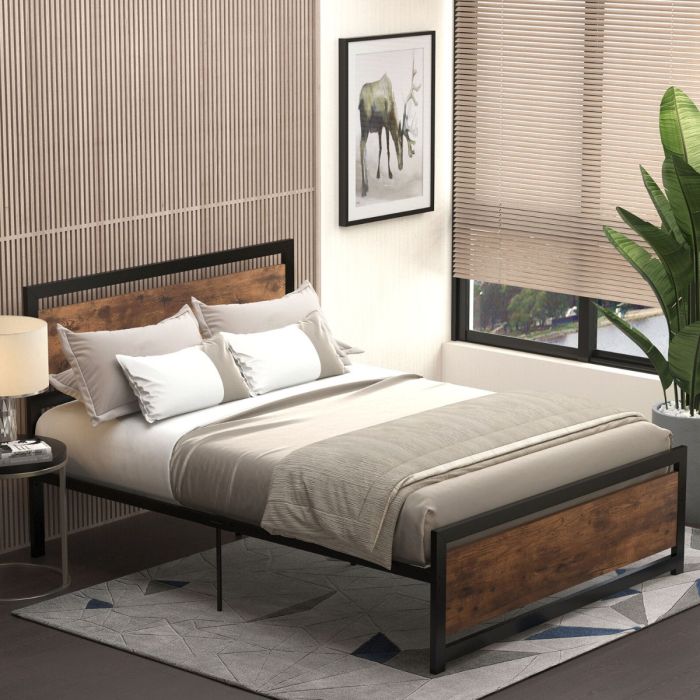 Metal Frame Bedstead Base Double Size Bed with Headboard and Footboard - Black & Rustic Brown