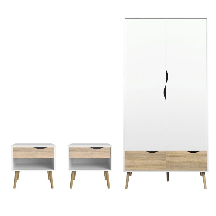 OSSETT 2 Door Wardrobe Set 3 Piece - White and Oak