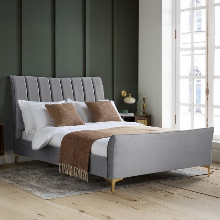 Clover Modern Design Grey Velvet Gold Feets Bed - Standard Double 4ft6